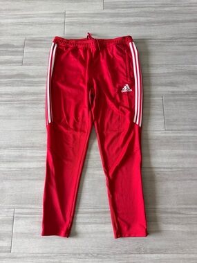 Men’s Adidas Red Athletic Track Pants with White Stripes
